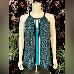 Michael Kors Keyhole Blue Black Geometric Print Sleeveless Zipper Back Top Sz L